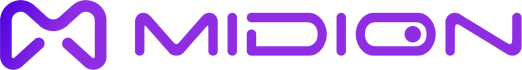 Uma logotipo com um degradê do roxo escuro ao azul escuro da esquerda para a direita, o simbolo a esquerda é uma letra M estilizada e arredondada, escrito a direita do simbolo 'Midion'.